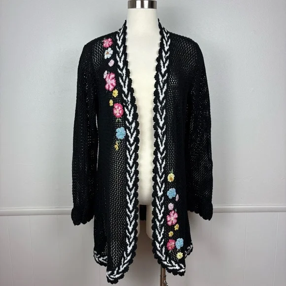 Storybook Knits Vintage Black Cardigan Size L Longline Beaded Floral Open Knit - Picture 14 of 17